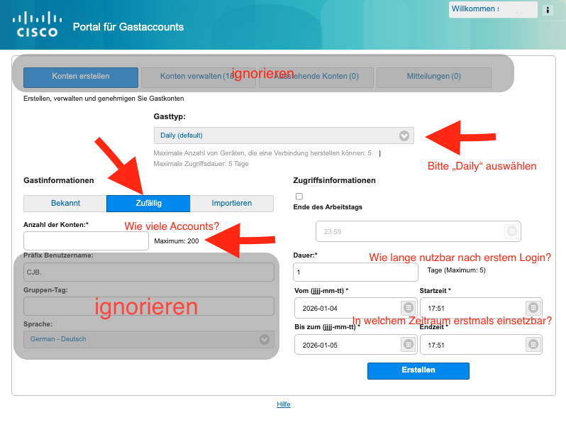 Einstellungen beim Erstellen eines Gastkontos